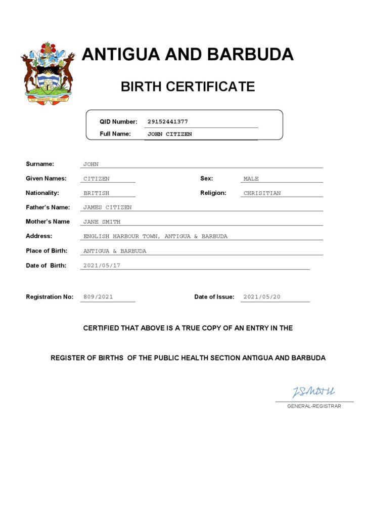 Antigua and Barbuda birth certificate Word and PDF template, completely editable