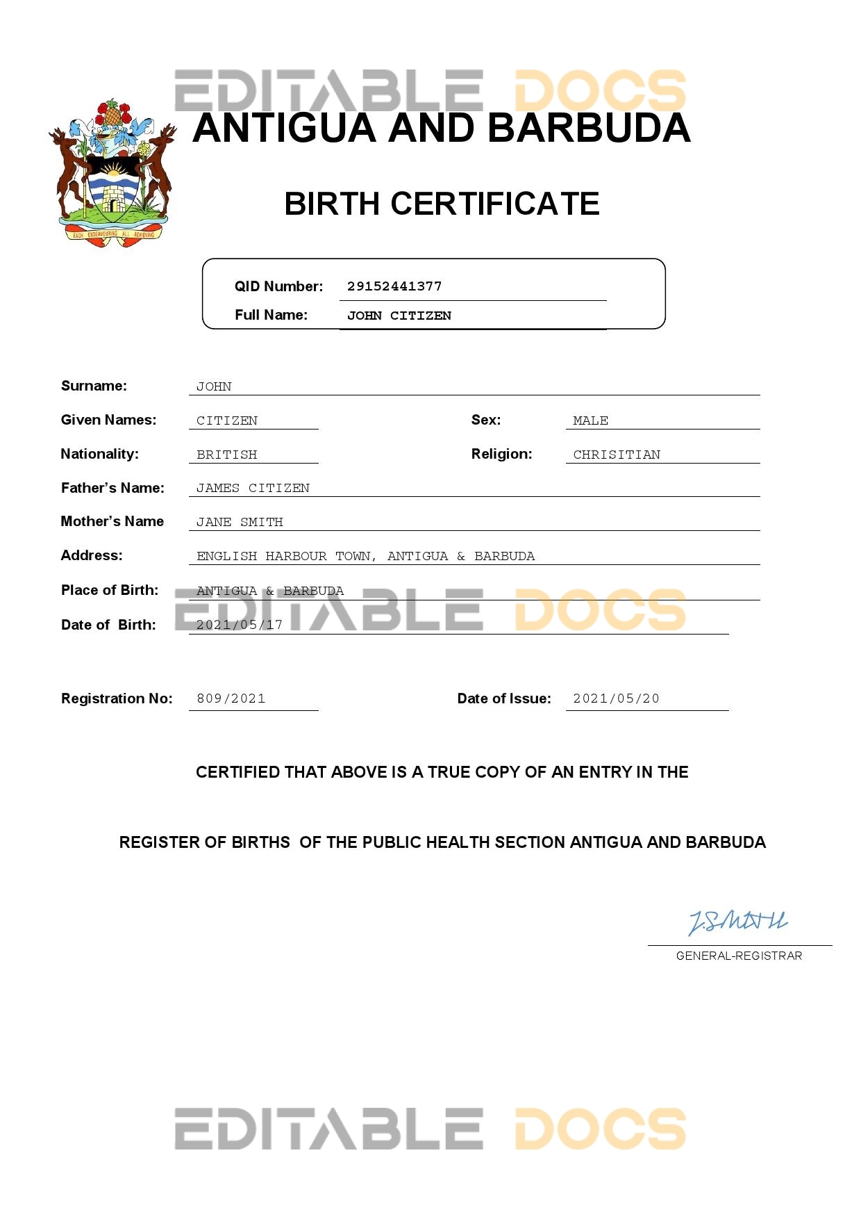 Authentic Antigua and Barbuda Birth Certificate Template | Customize and Download Online