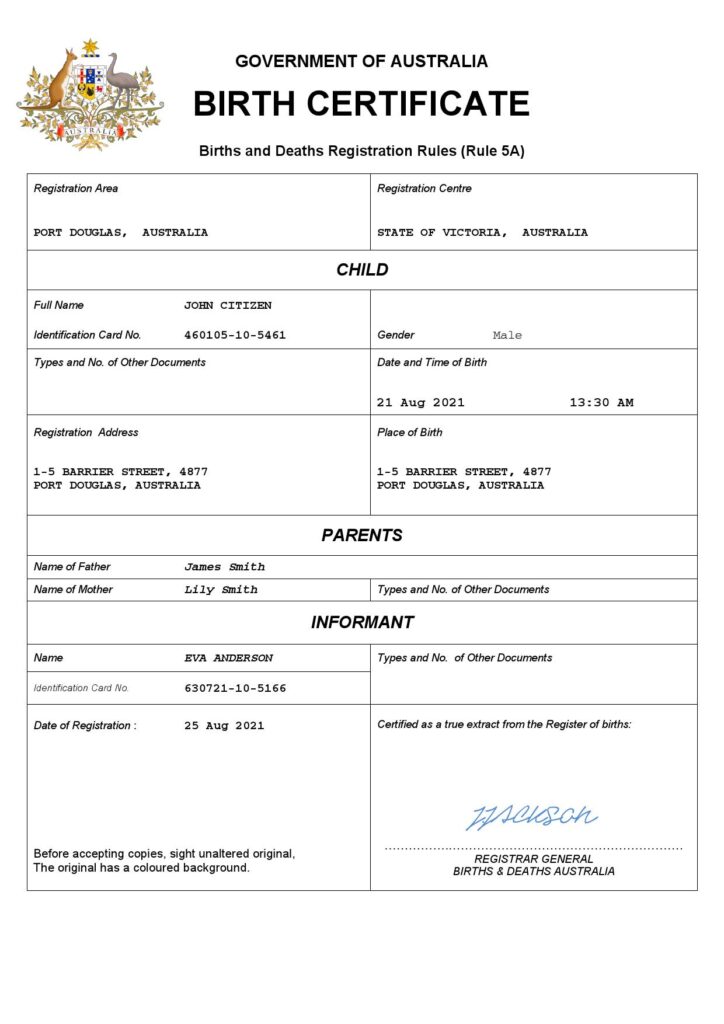 Australia vital record birth certificate Word and PDF template, completely editable