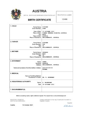 Austria vital record birth certificate Word and PDF template