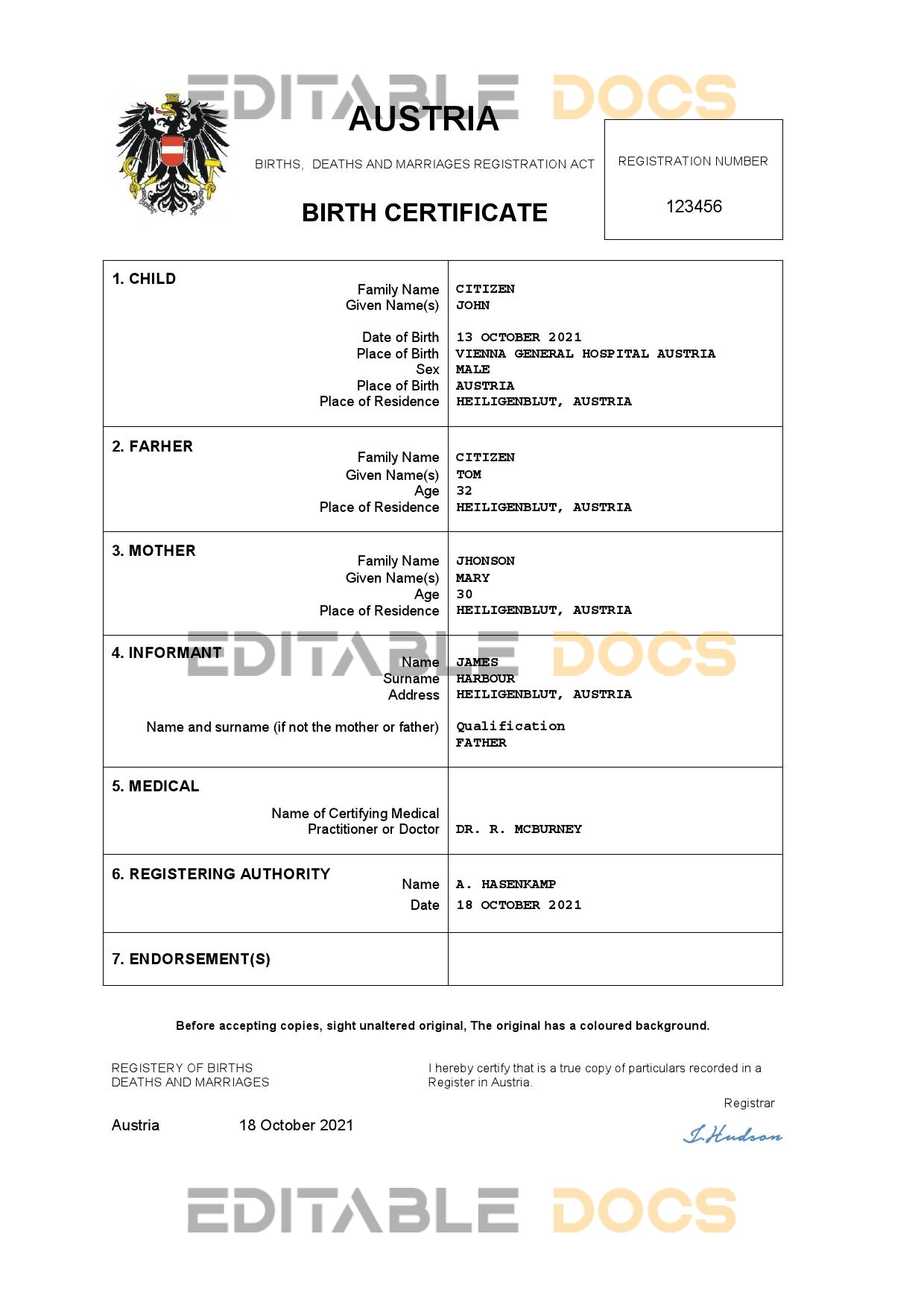 Authentic Austria Birth Certificate Template | Customize and Download Online
