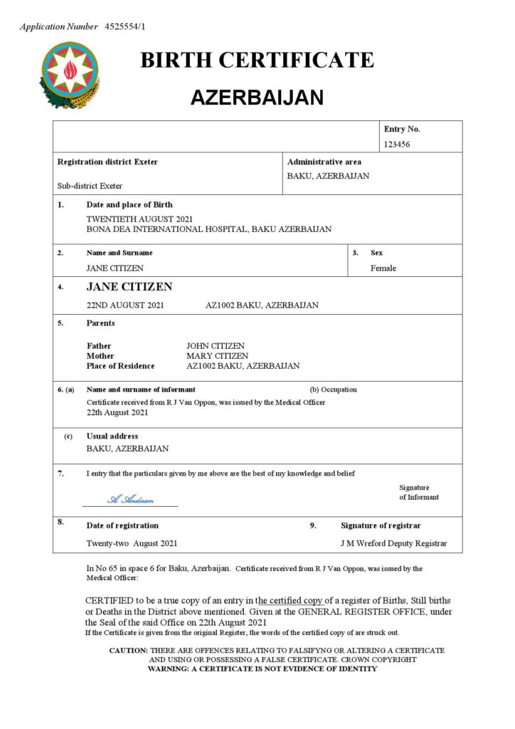 Azerbaijan vital record birth certificate Word and PDF template, fully editable
