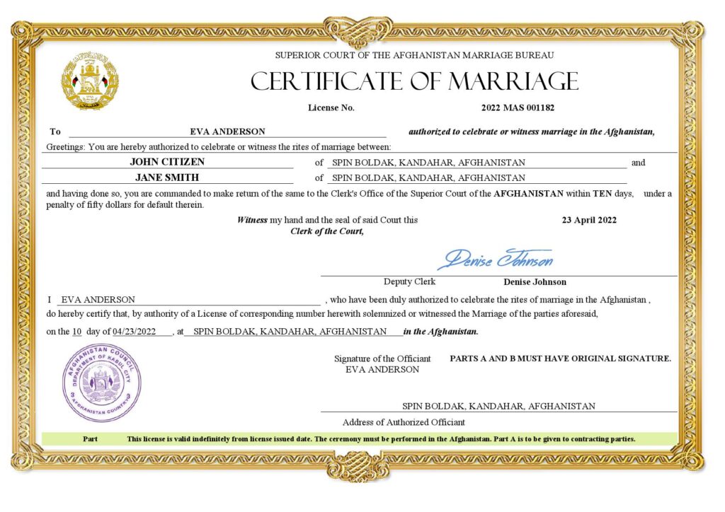 Afghanistan Marriage Certificate | Editable PDF Templates