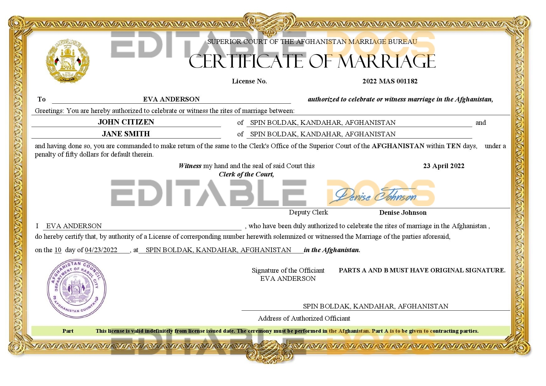 Afghanistan Marriage Certificate | Editable PDF Templates