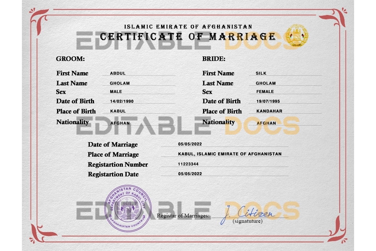 Afghanistan Marriage Certificate | Editable PSD Templates