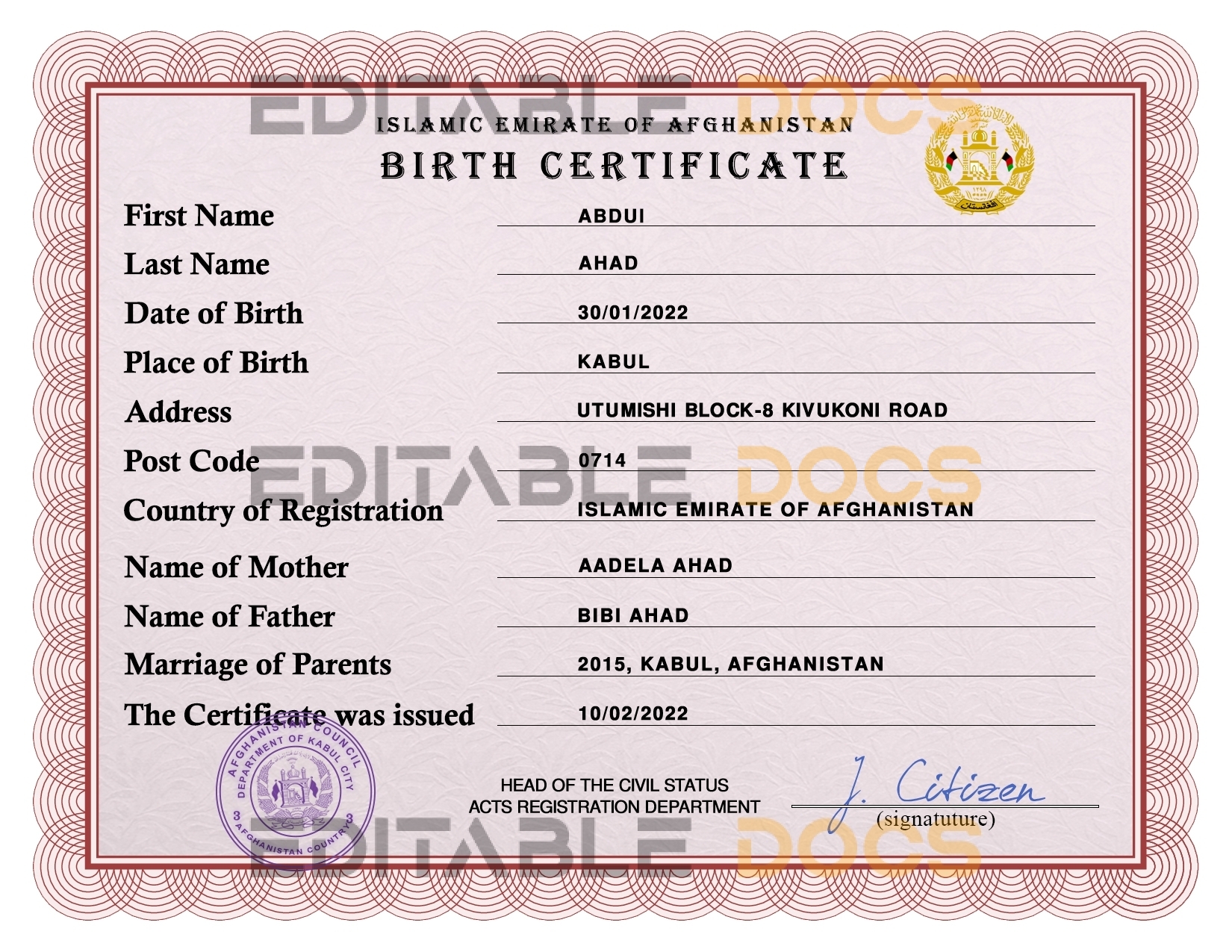 Authentic Afghanistan Birth Certificate Template | Customize and Download Online