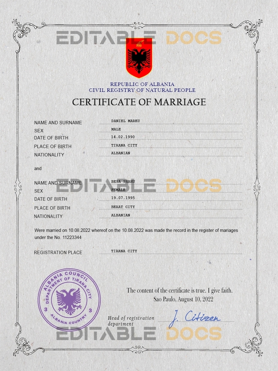 Albania Marriage Certificate | Editable PSD Templates
