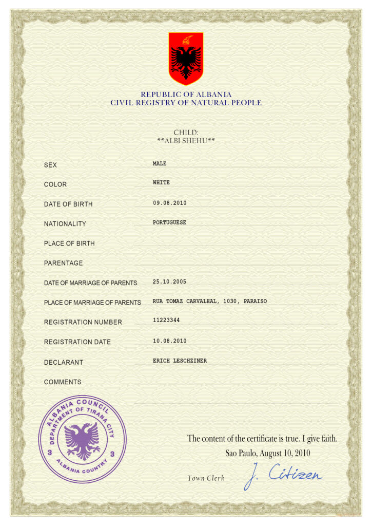 Authentic Albania Birth Certificate Template | Customize and Download Online