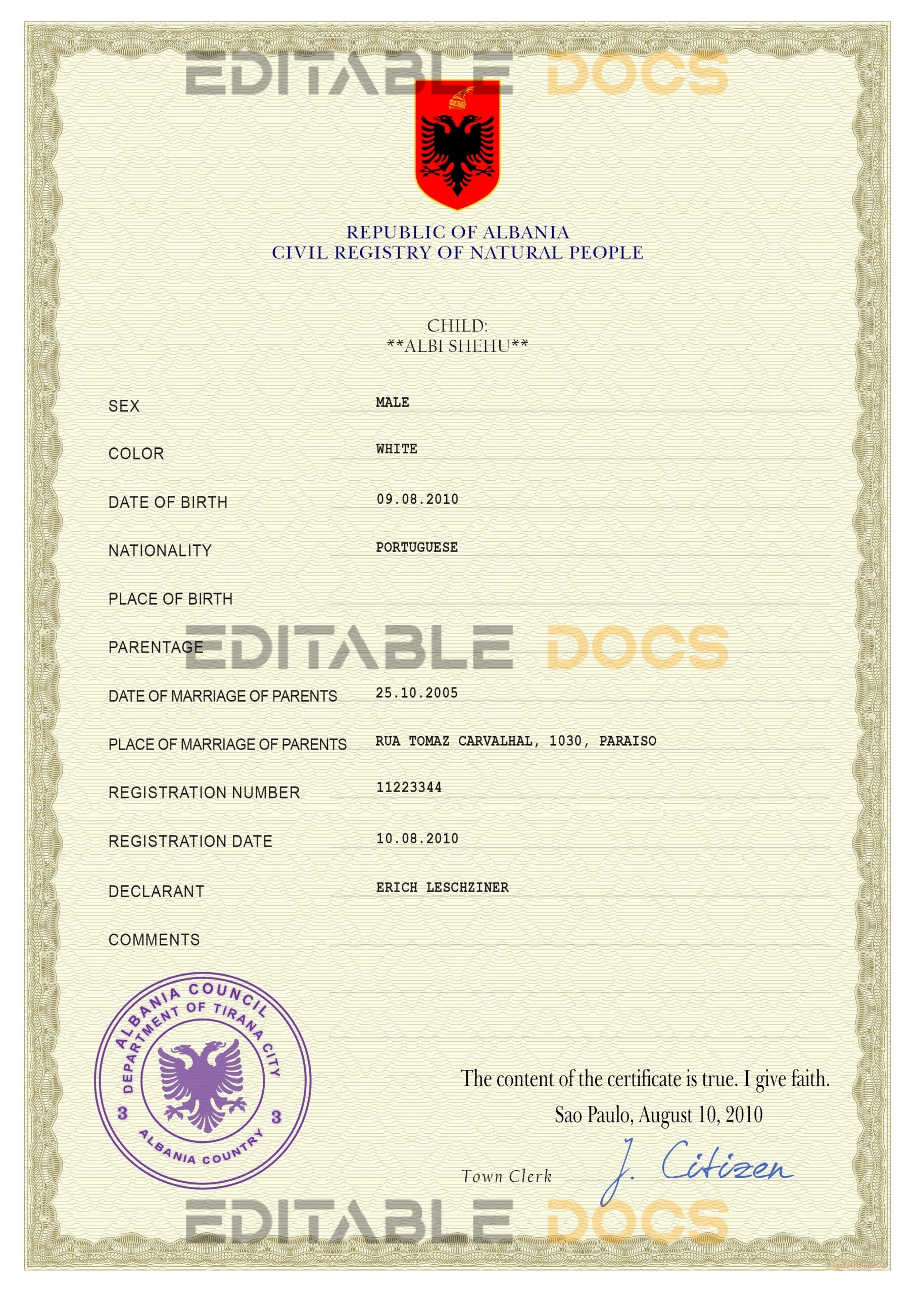 Authentic Albania Birth Certificate Template | Customize and Download Online