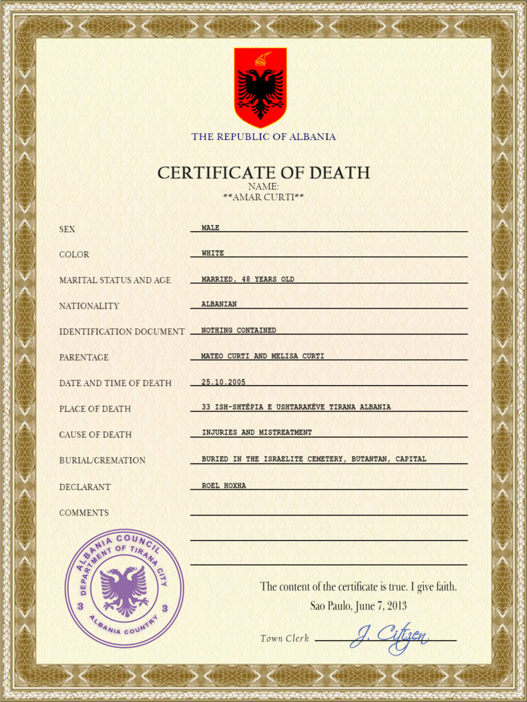 Albania death certificate PSD template, completely editable