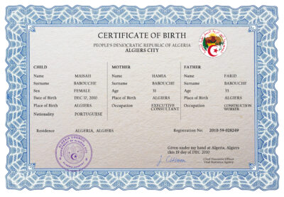 Algeria vital record birth certificate PSD template, fully editable