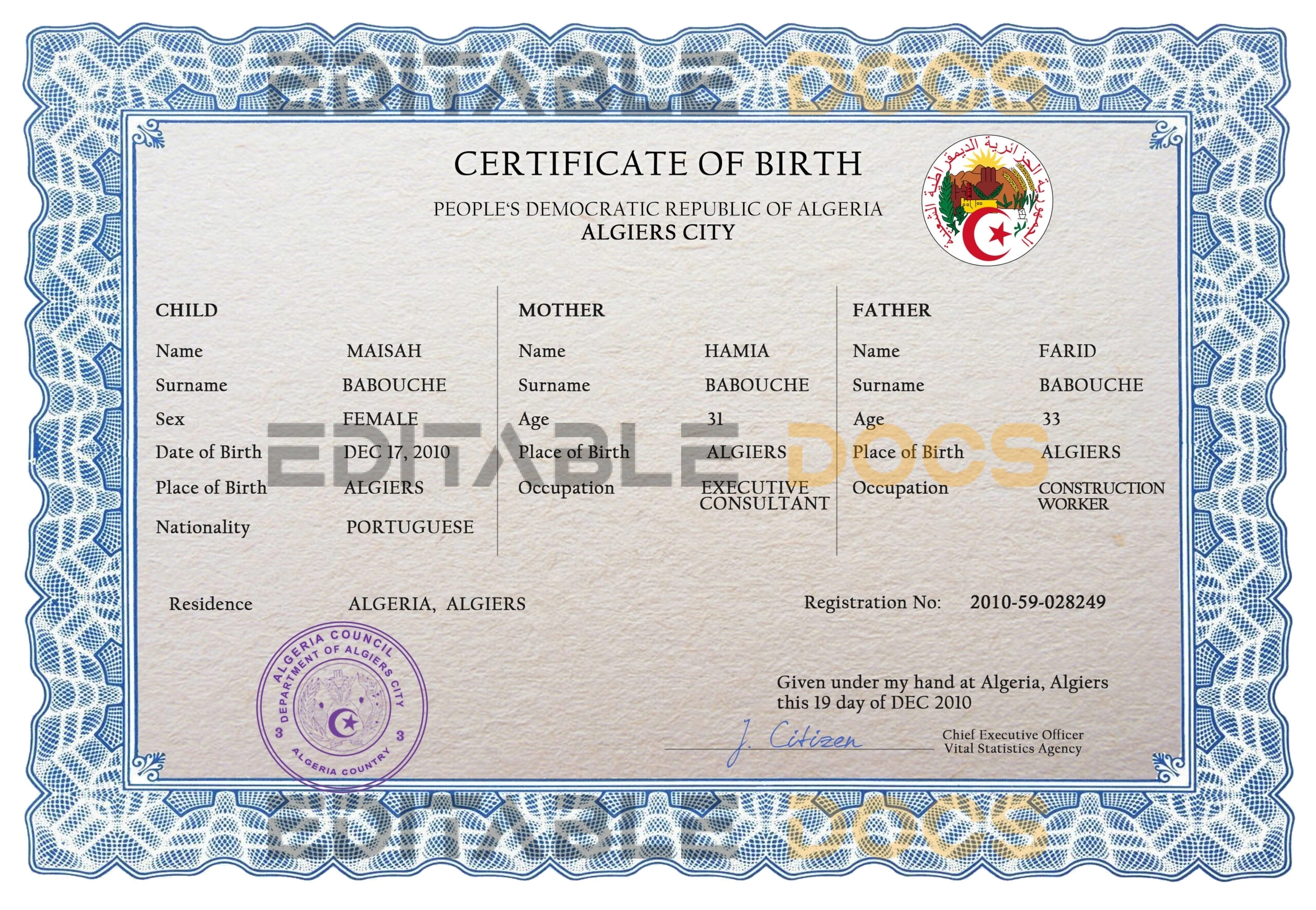 Authentic Algeria Birth Certificate Template | Customize and Download Online
