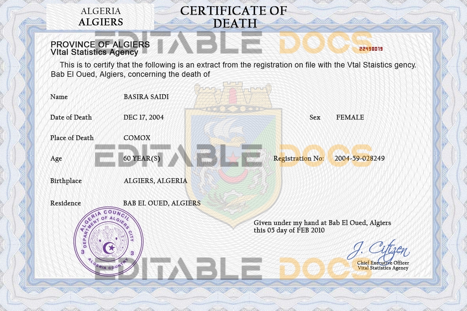 Customizable Algeria Death Certificate PSD Templates | Instant Download