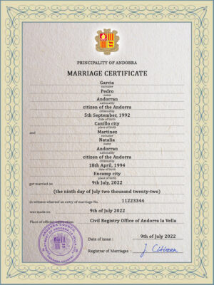 Andorra Marriage Certificate Editable PSD Templates