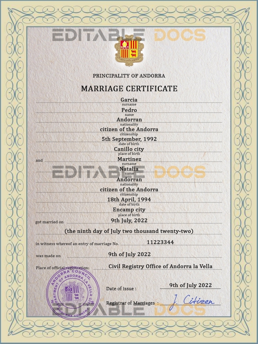 Andorra Marriage Certificate | Editable PSD Templates