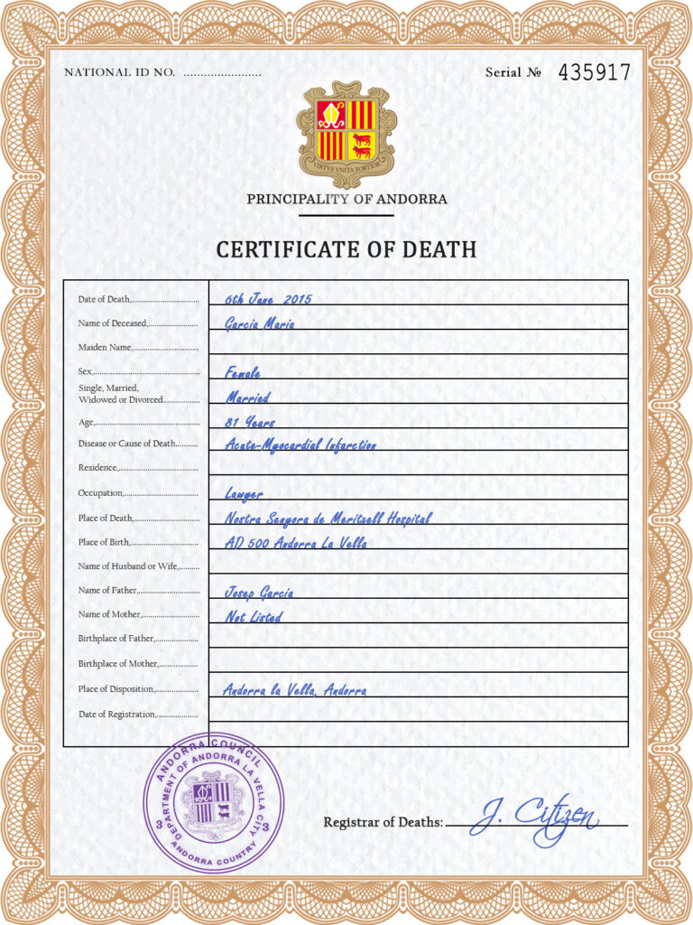 Andorra death certificate PSD template, completely editable