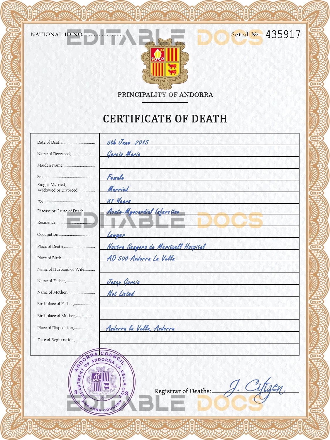 Customizable Andorra Death Certificate PSD Templates | Instant Download