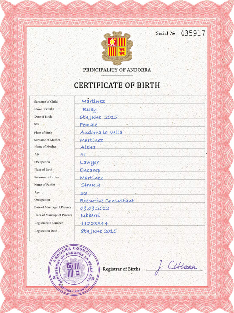 Andorra vital record birth certificate PSD template