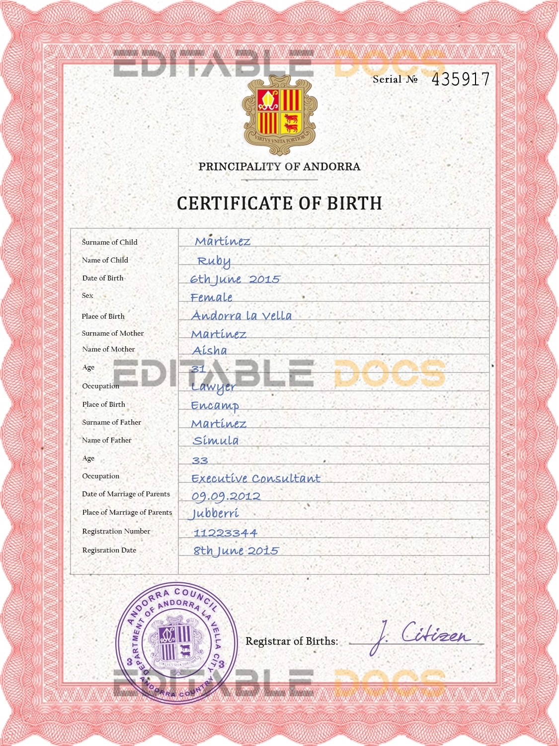 Authentic Andorra Birth Certificate Template | Customize and Download Online