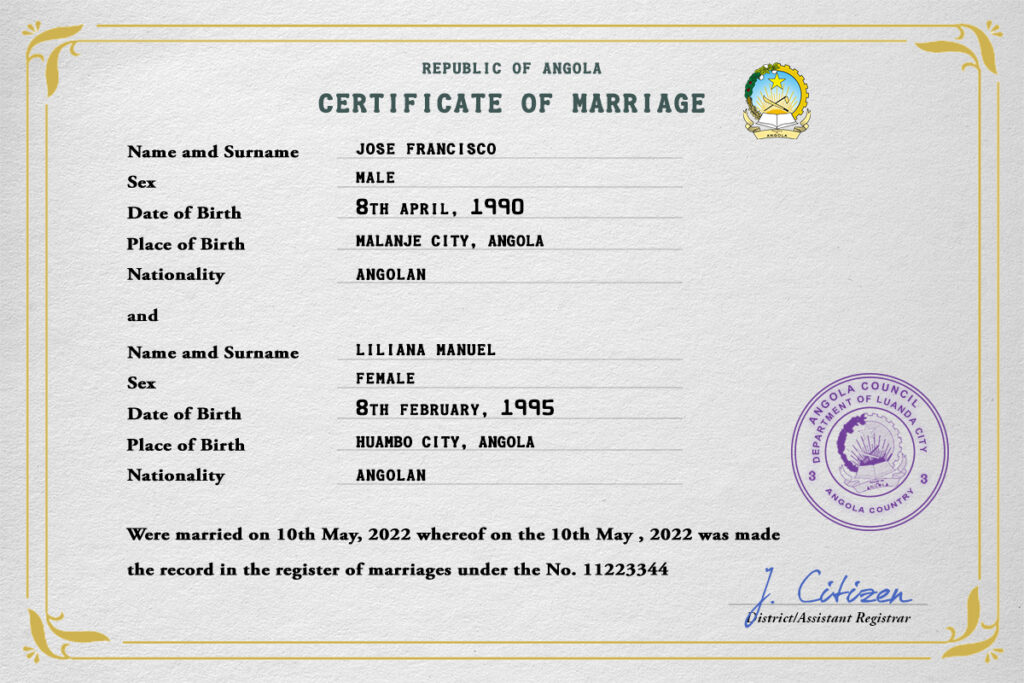 Angola Marriage Certificate Editable PSD Templates