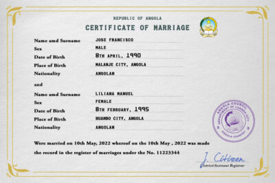 Angola Marriage Certificate Editable PSD Templates