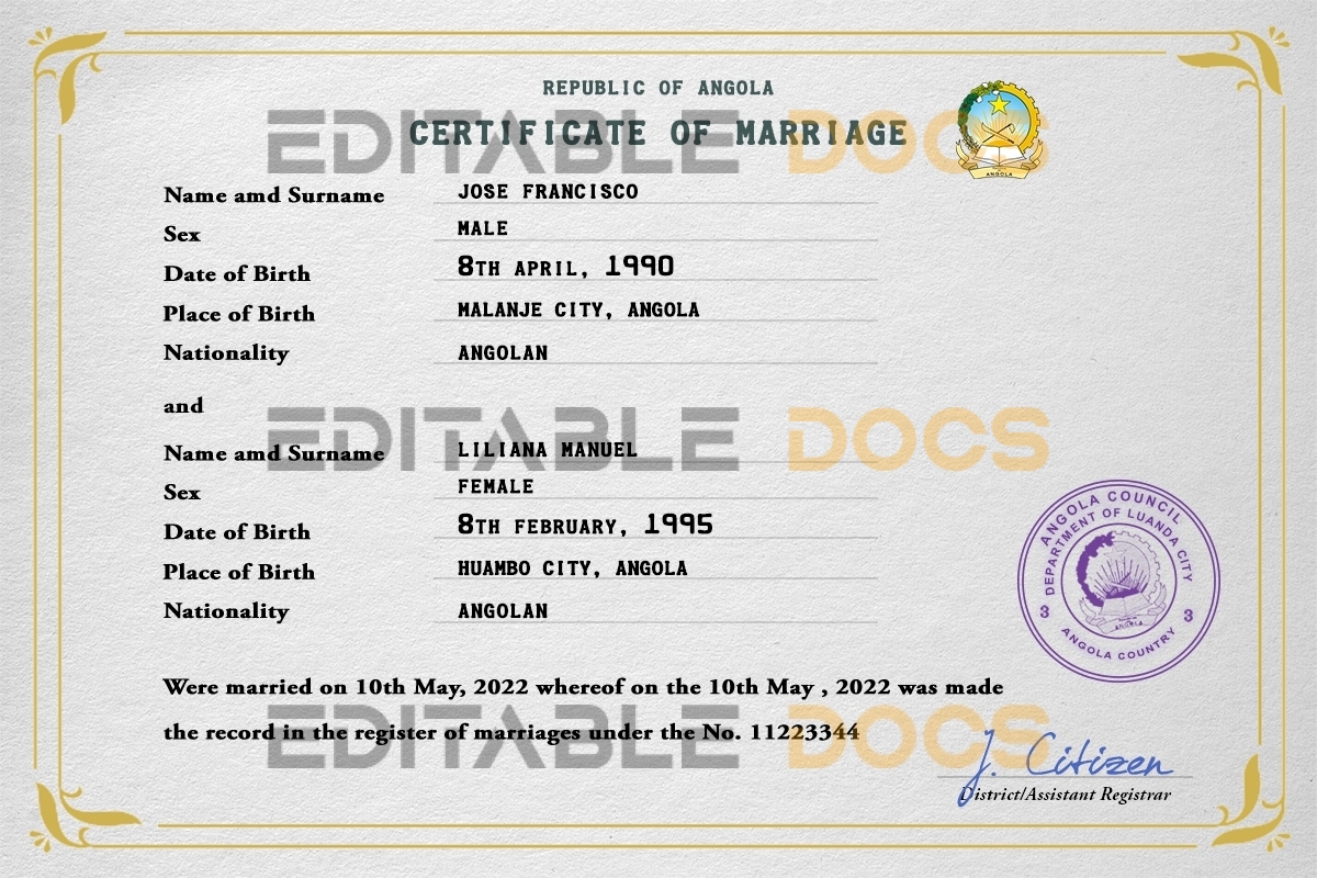 Angola Marriage Certificate | Editable PSD Templates