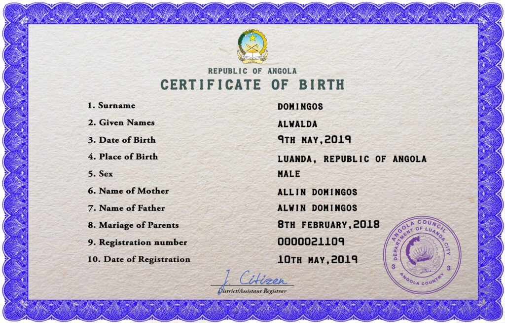 Angola vital record birth certificate PSD template, completely editable