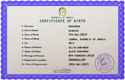 Angola vital record birth certificate PSD template, completely editable