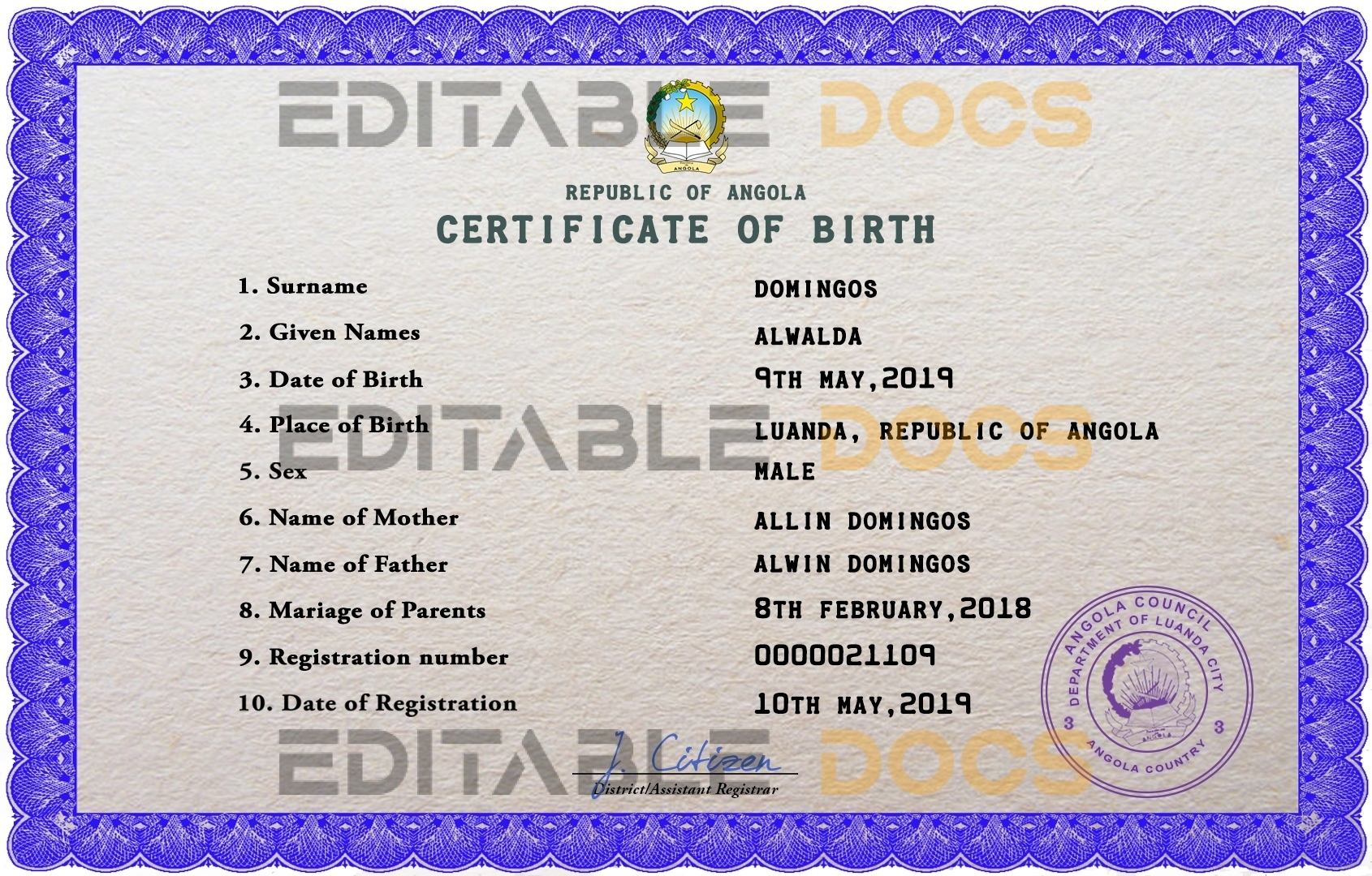 Authentic Angola Birth Certificate Template | Customize and Download Online