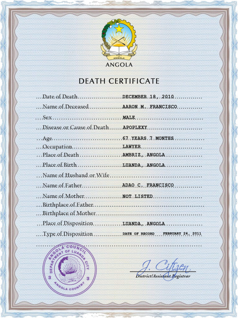 Angola vital record death certificate PSD template, completely editable