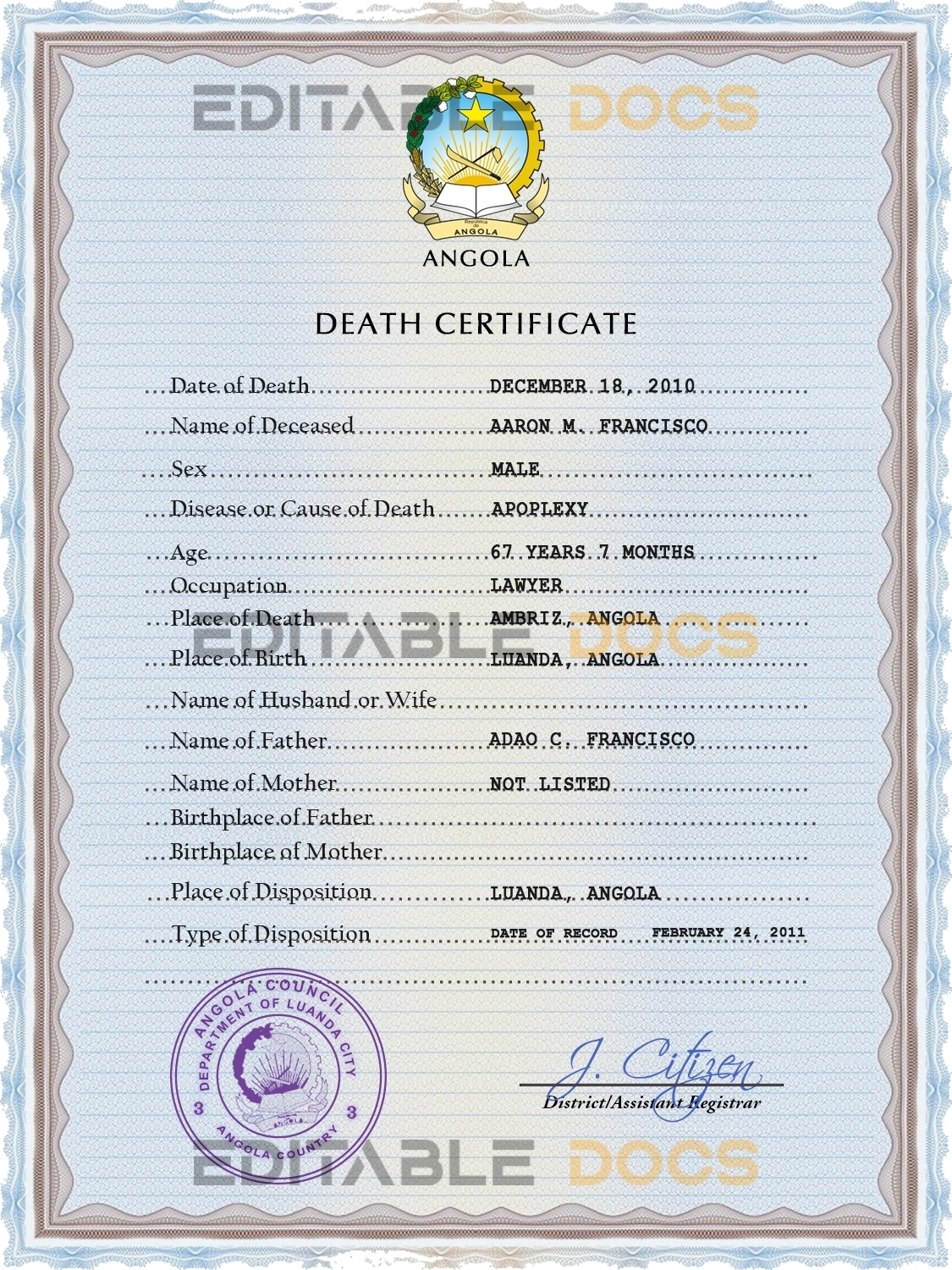Customizable Angola Death Certificate PSD Templates | Instant Download