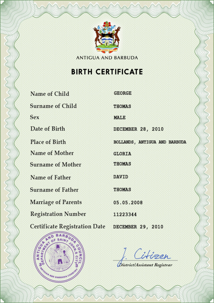 Authentic Antigua and Barbuda Birth Certificate Template | Customize and Download Online
