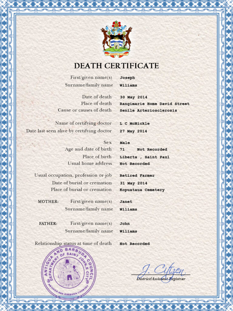 Antigua and Barbuda vital record death certificate PSD template