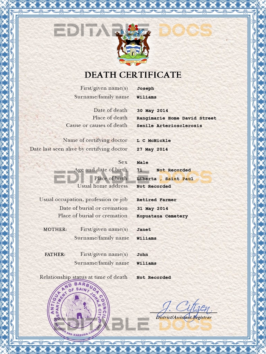 Customizable Antigua and Barbuda Death Certificate PSD Templates | Instant Download