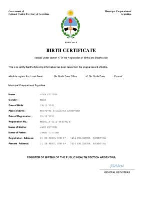 Argentina birth certificate Word and PDF template, completely editable