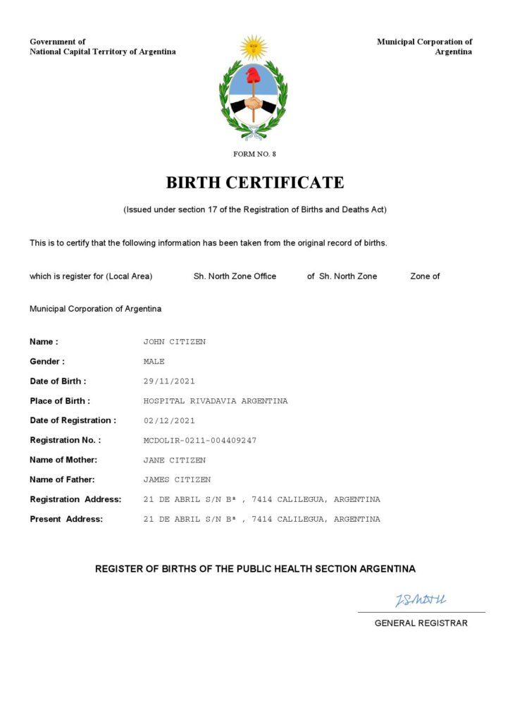 Argentina birth certificate Word and PDF template, completely editable