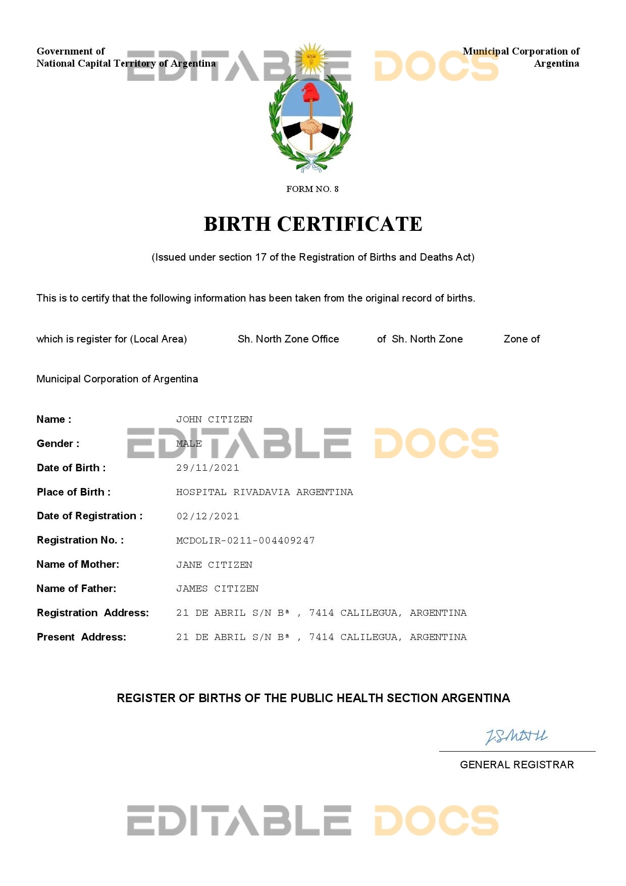 Authentic Argentina Birth Certificate Template | Customize and Download Online