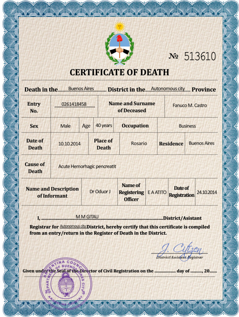 Argentina death certificate PSD template, completely editable