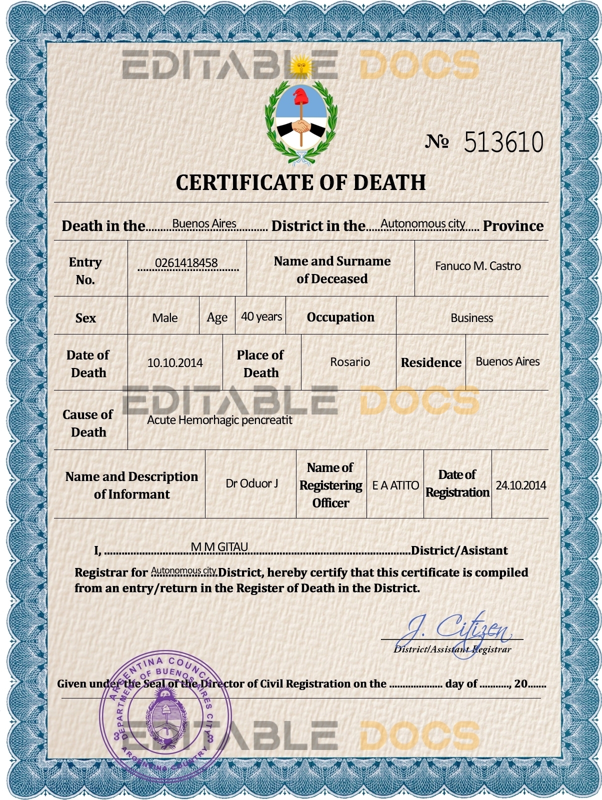 Customizable Argentina Death Certificate PSD Templates | Instant Download