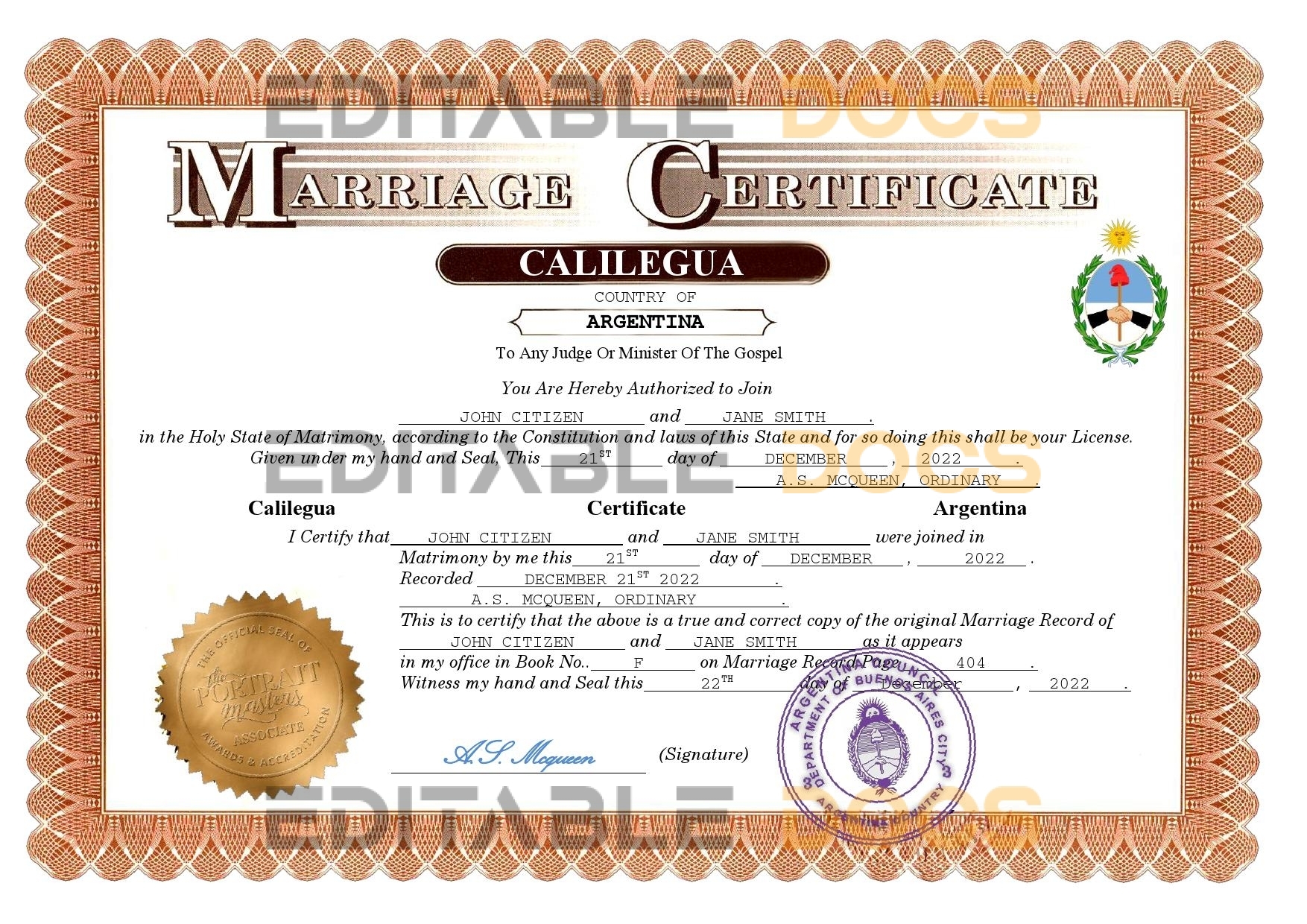 Argentina Marriage Certificate | Editable PDF Templates