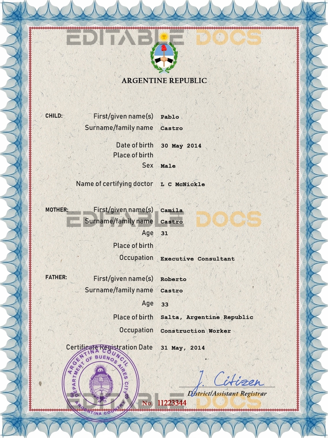 Authentic Argentina Birth Certificate Template | Customize and Download Online