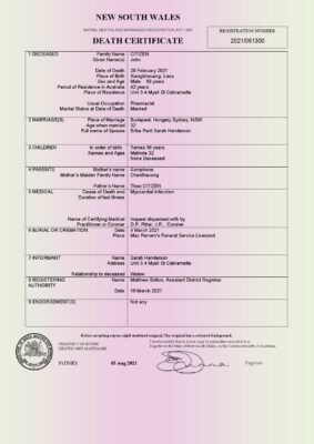 Australia New South Wales death certificate template in Word format