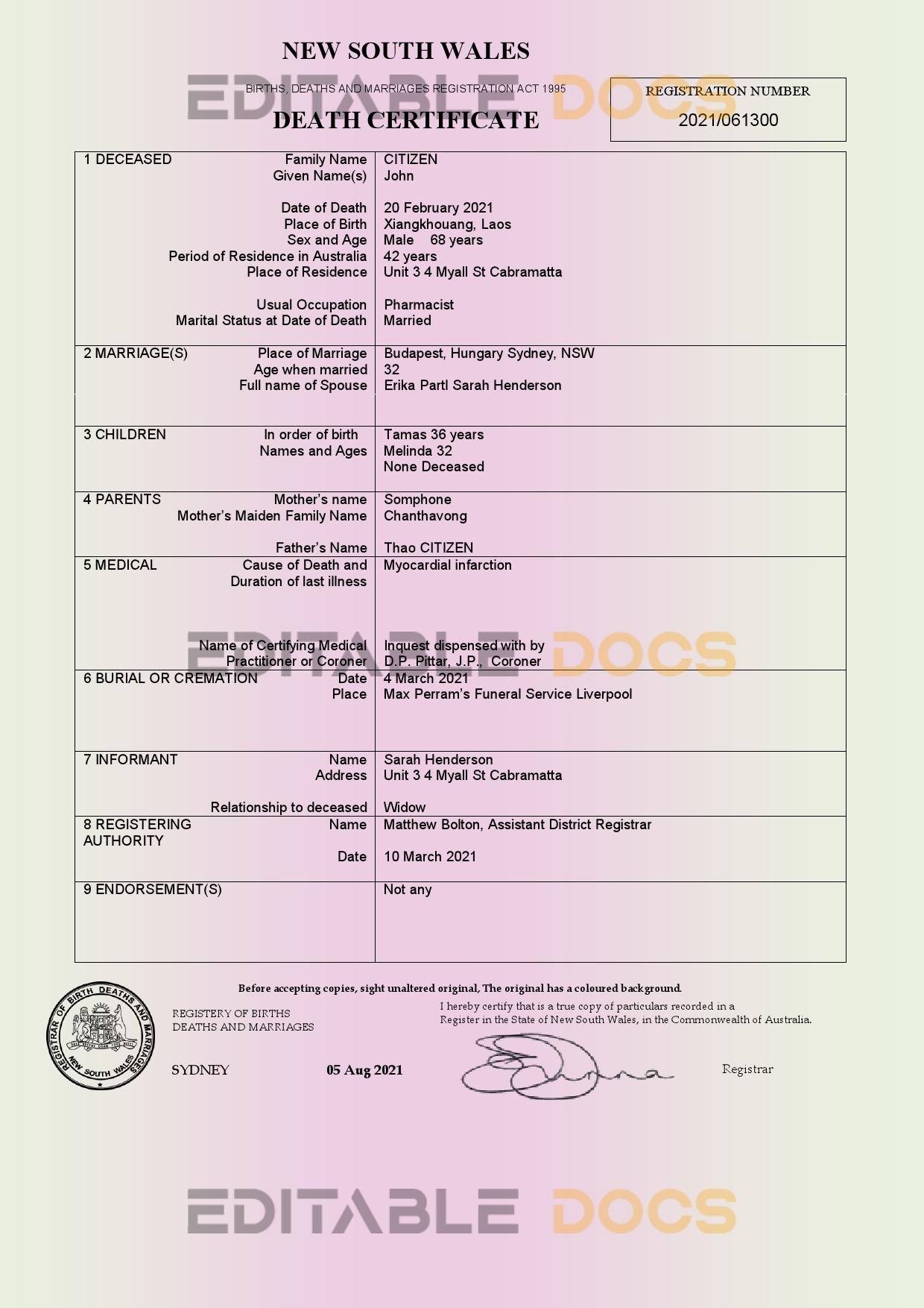 Fillable Australia New South Wales Death PDF Templates | Blank Docs