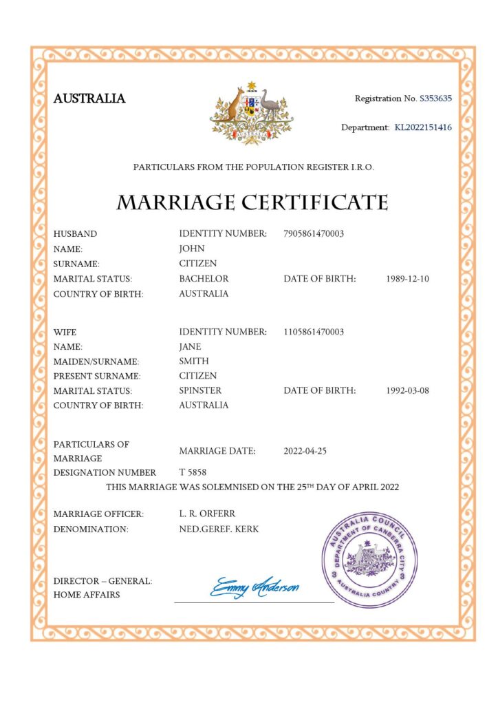 Australia Marriage Certificate | Editable PDF Templates
