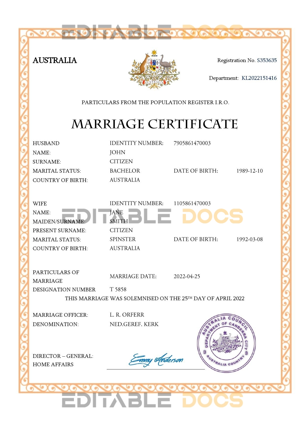 Australia Marriage Certificate | Editable PDF Templates