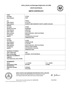 Australia Western Australia birth certificate template in Word format, version 3