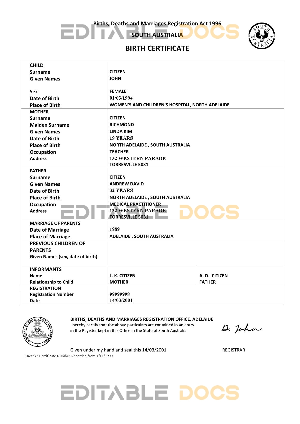 Authentic Australia Western Australia Birth Certificate Template | Customize and Download Online
