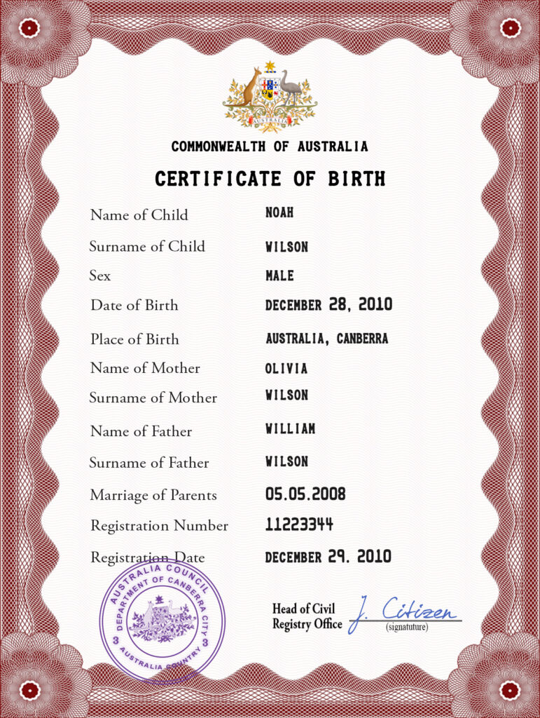 Australia vital record birth certificate PSD template