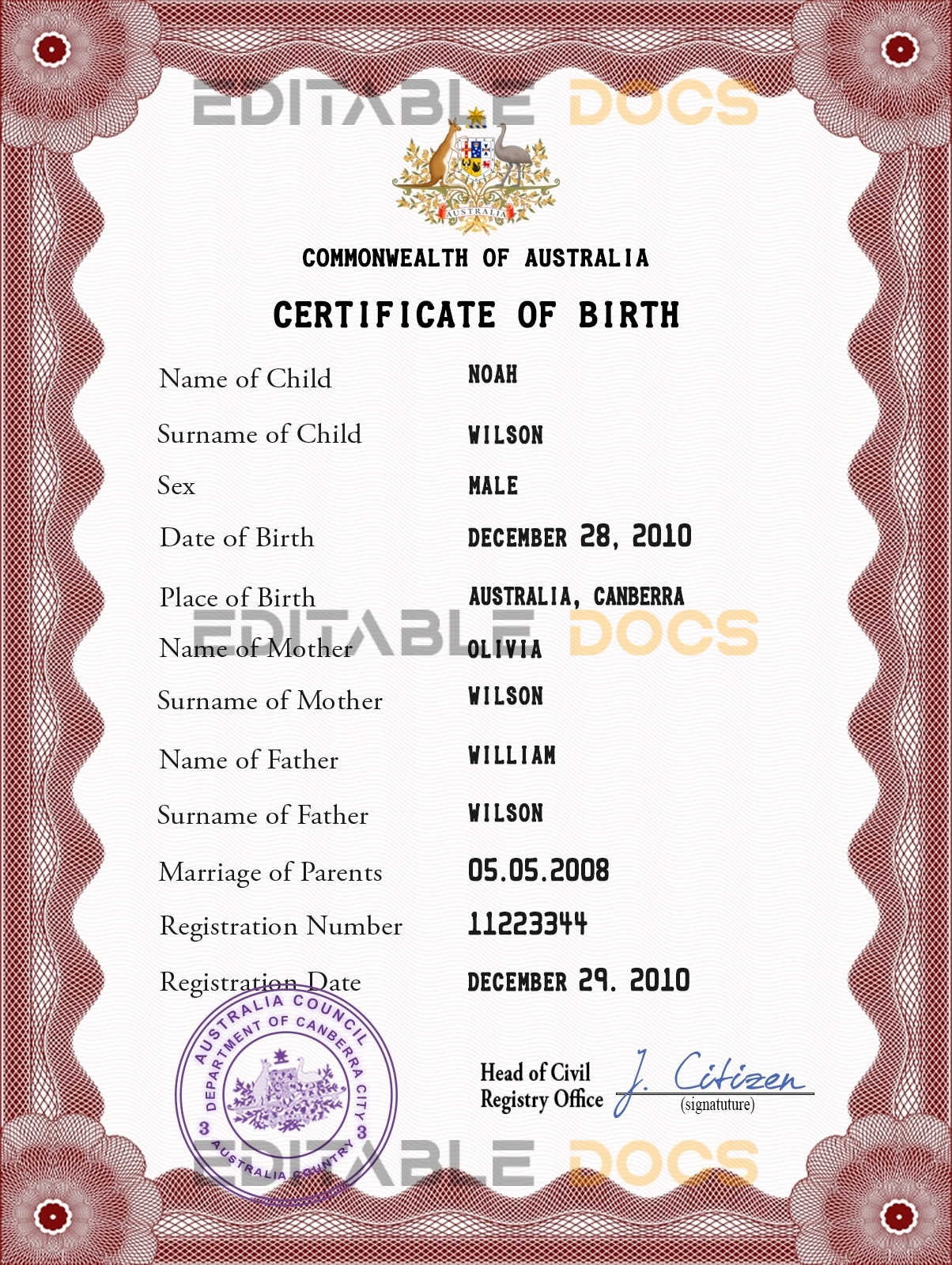 Authentic Australia Birth Certificate Template | Customize and Download Online