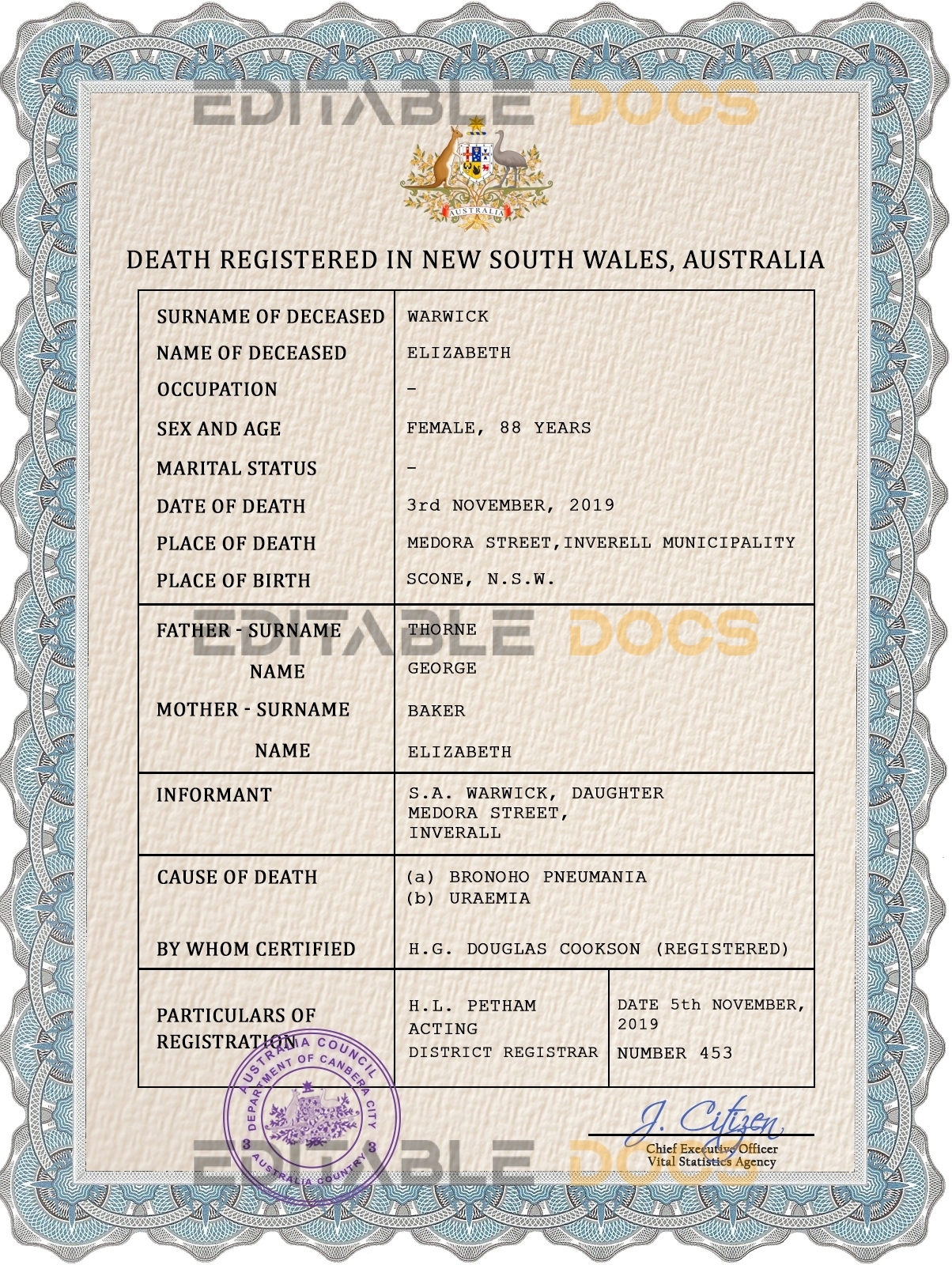 Customizable Australia Death Certificate PSD Templates | Instant Download